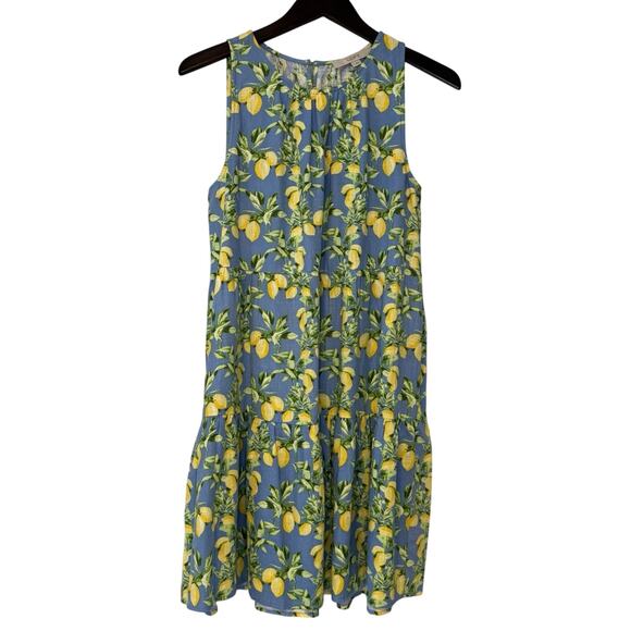 LOFT Lemon Print Tiered Swing Dress Women's Small Blue Yellow Linen Blend - Picture 2 of 13
